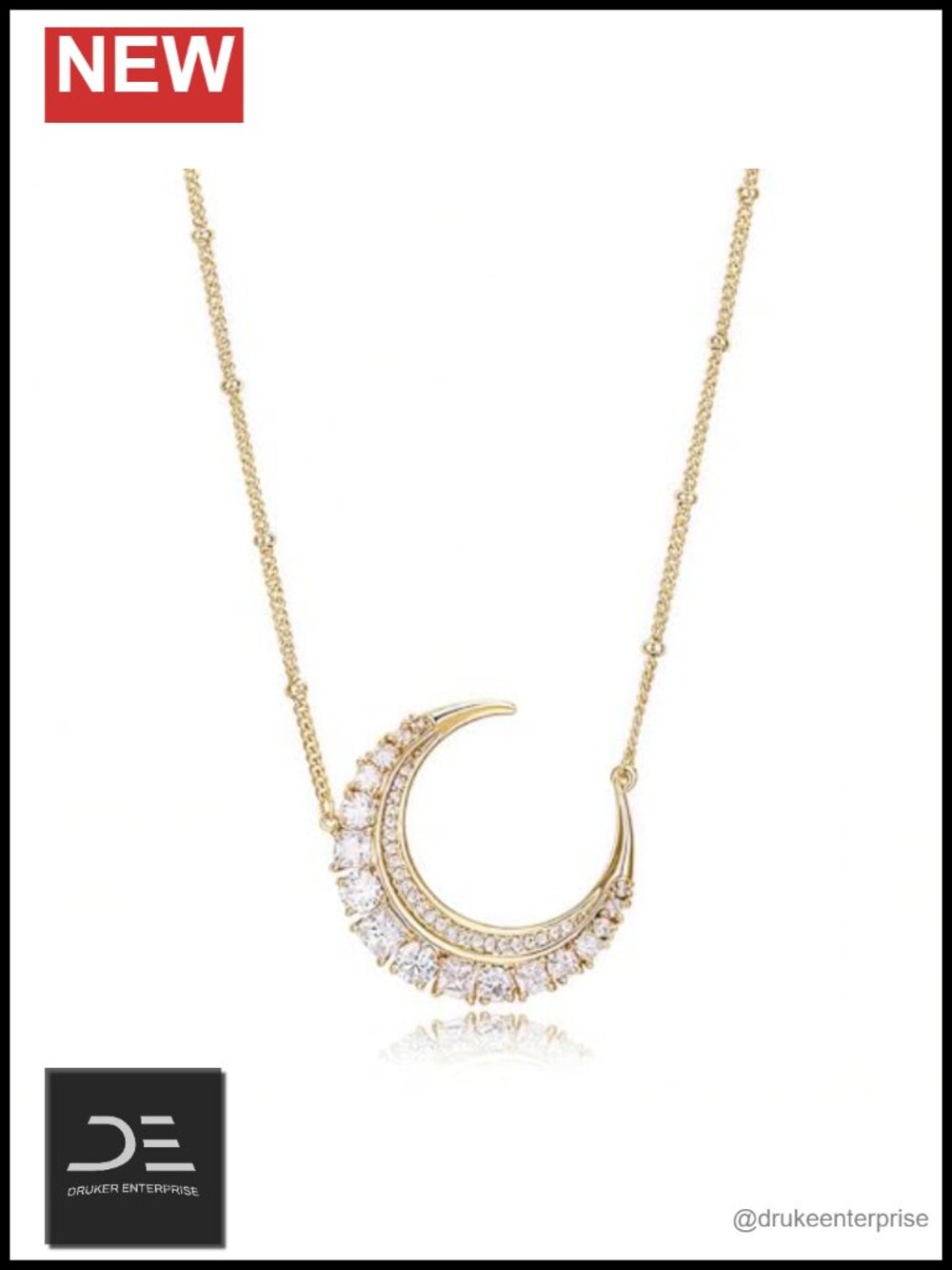 18K Gold Plated Crescent Moon Pendant Necklace with CZ Stones Adjustable Chain